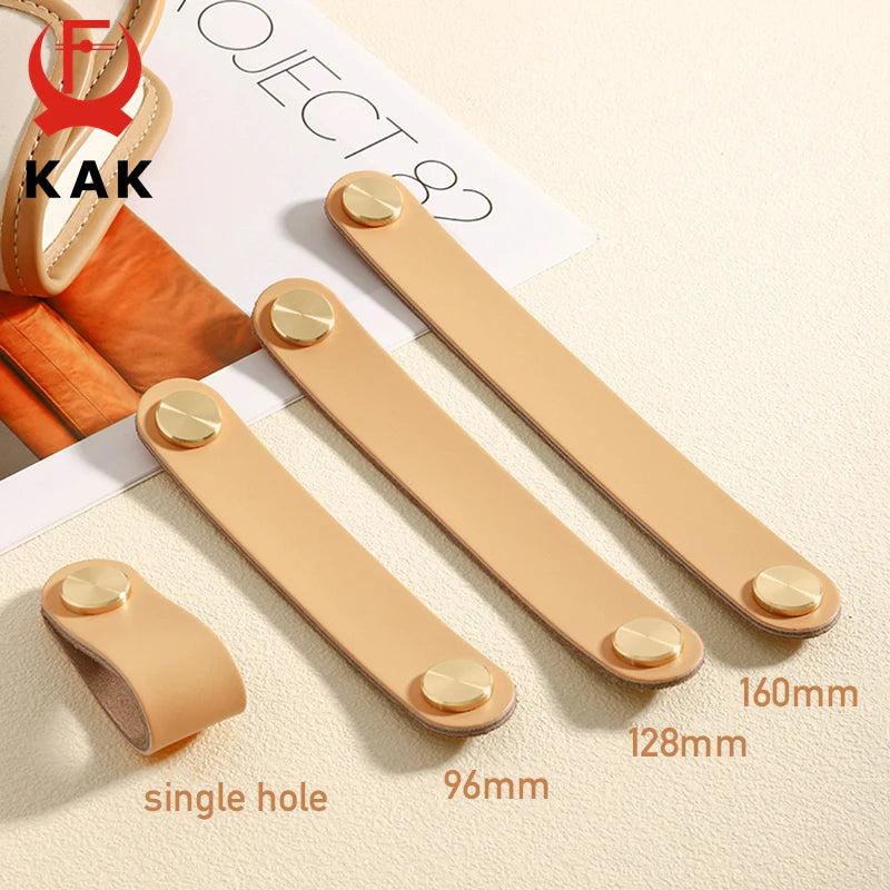 KAK Cowhide Leather Cabinet Handles – Nordic Style Furniture Pulls for Kids Room, Brass & Copper Kitchen Drawer Knobs, Door Hardware