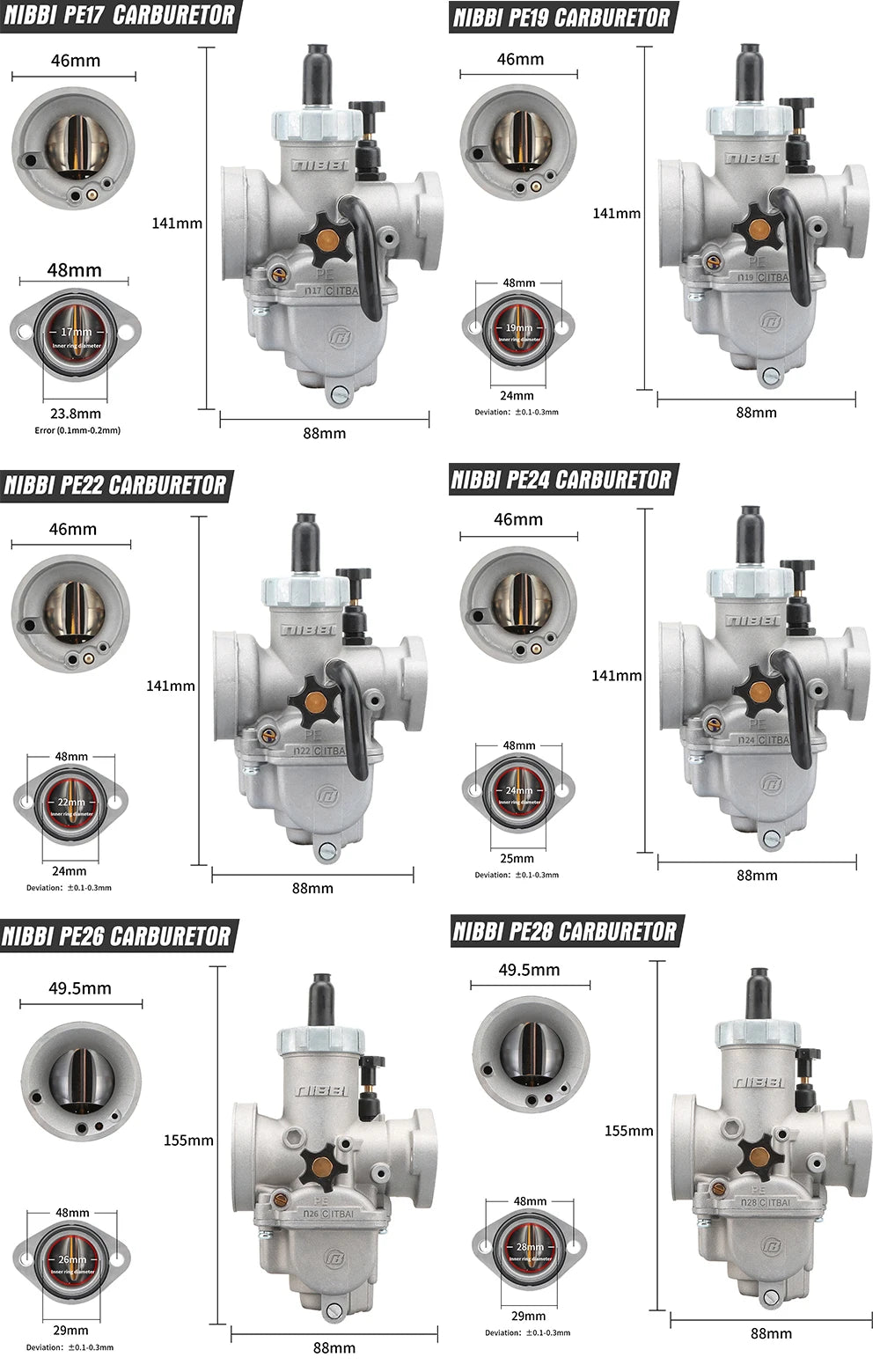 NIBBI PE Flange Carburetor for Motorcycle – 19mm-28mm 2T/4T GY6 Engine 100cc-250cc ATV Yamaha Pitbike Racing