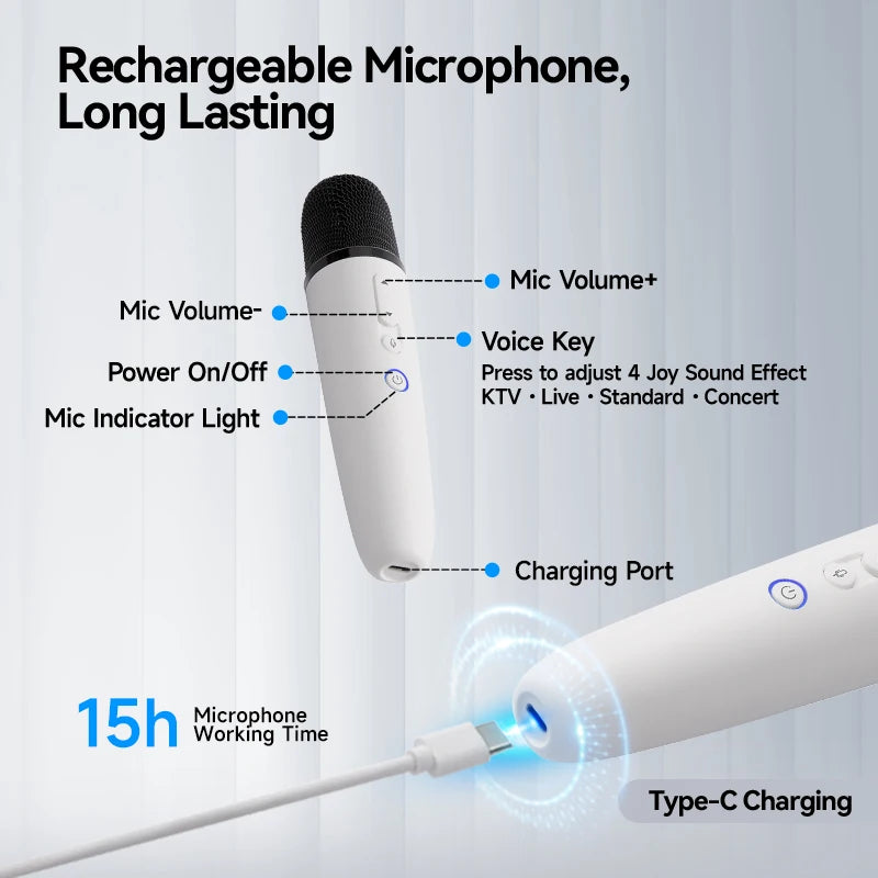 Q1 Tesla Wireless Handheld Microphone – Karaoke Mic with 4 Joy Effects, Rechargeable, Type-C Receiver & USB Converter
