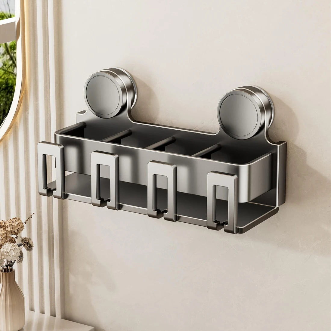No-Drill Suction Cup Toothbrush Holder with Cup – Wall-Mounted Bathroom Storage Rack for Electric Toothbrush & Mouthwash