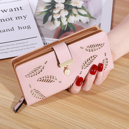 Women’s Long PU Leather Wallet – Gold Hollow Leaf Design Clutch Purse with Coin Pocket & Card Holders