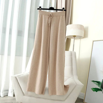 Thick Warm Knitted Pants - Women's High Waist Soft Elastic Straight Leg Ankle-Length Korean Fashion Trousers