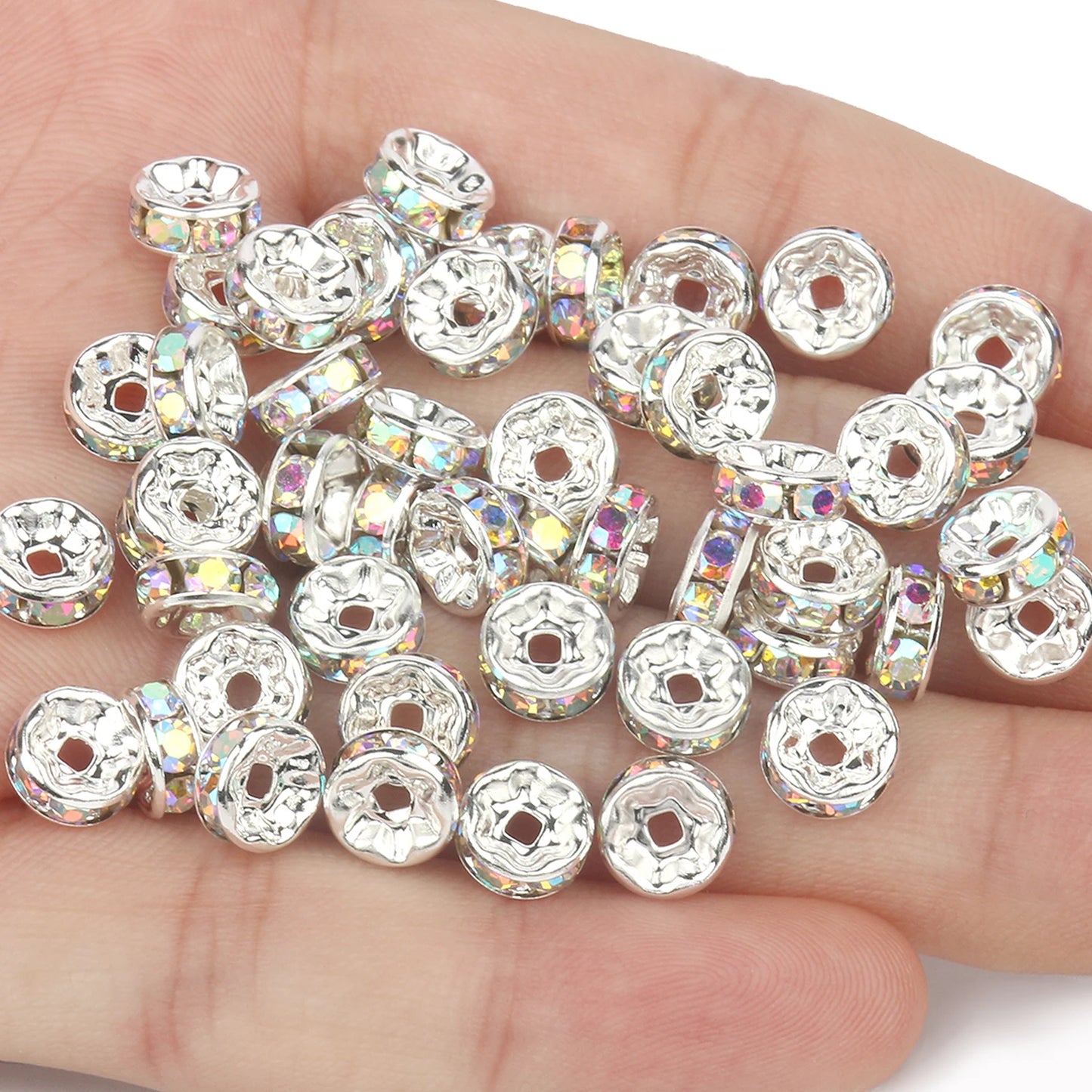 50PCS Rhinestone Spacer Beads Set – Multi-Color Crystal Rondelle Metal Beads for DIY Jewelry & Bracelet Making