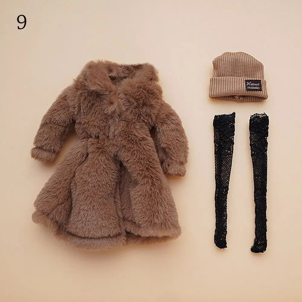 30CM Doll Clothes Set – Fashion Tops, Fur Overcoat, Knitted Hat & Colorful Lace Stockings for 1/6 BJD Doll Accessories