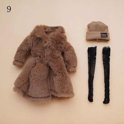 30CM Doll Clothes Set – Fashion Tops, Fur Overcoat, Knitted Hat & Colorful Lace Stockings for 1/6 BJD Doll Accessories
