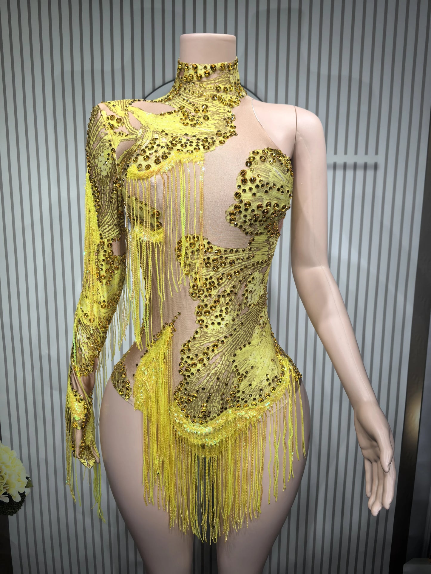 Sparkly Blue Rhinestone Leotard - One-Shoulder Fringe Bodysuit for Dance, Stage & Performance