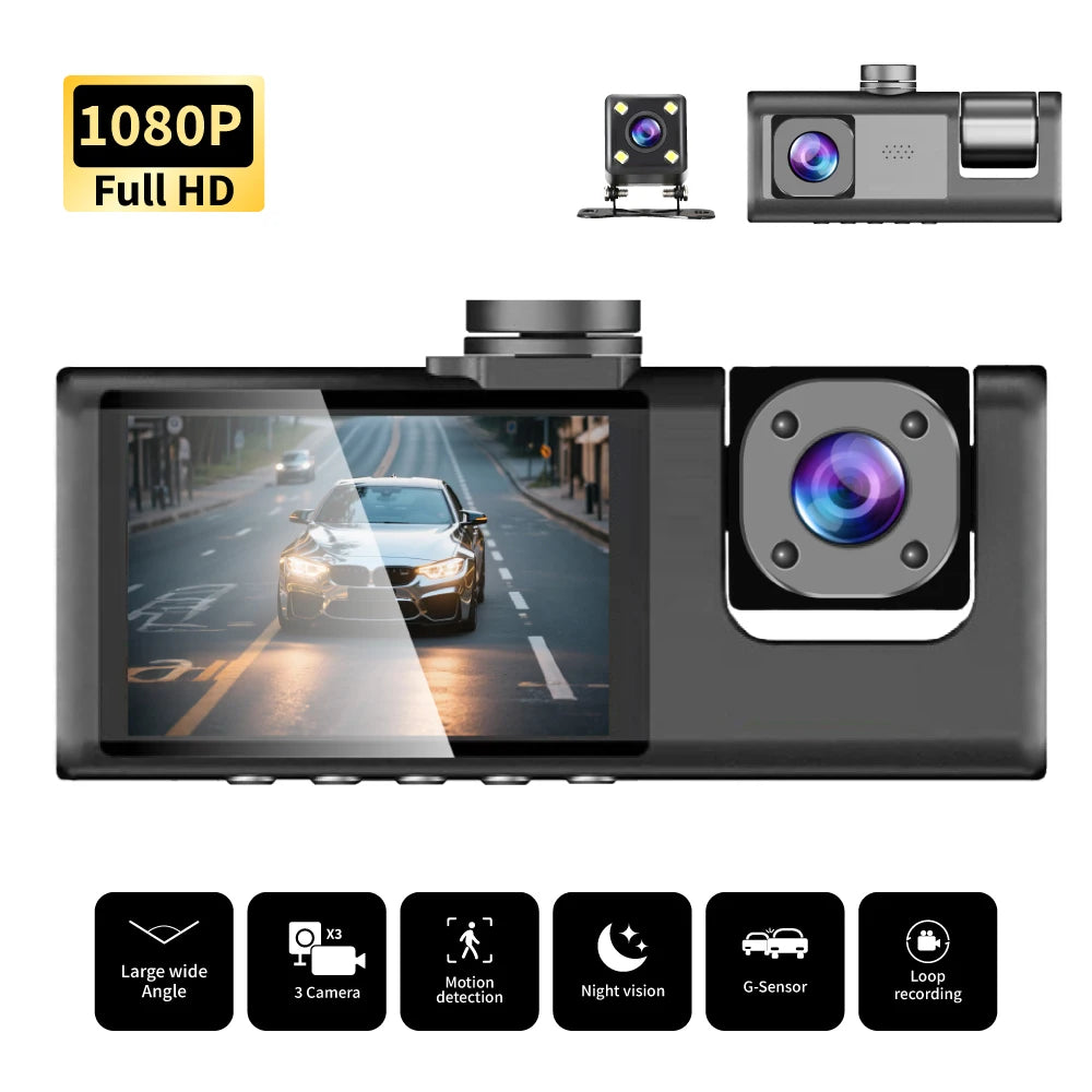 3-Channel Dash Camera 1080P HD - Front, Interior & Rear View Recorder with Night Vision & Loop Recording
