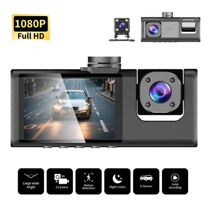 3-Channel Dash Camera 1080P HD - Front, Interior & Rear View Recorder with Night Vision & Loop Recording