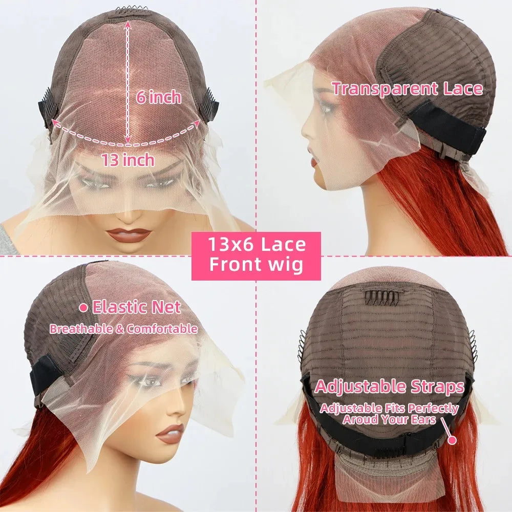 Reddish Brown 13x6 Lace Front Wig – Pre-Plucked 180% Density Body Wave, Auburn Colored Human Hair Lace Frontal Wig