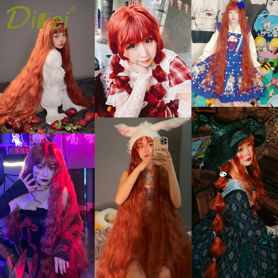 120cm Long Wavy Synthetic Wig - Female Red Brown Lolita Style with Bangs, Natural Hair Look, Heat Resistant Fiber