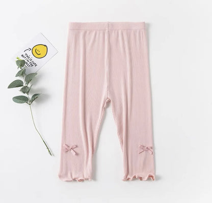 Girls Summer Bow Leggings - Solid Color Elastic Waist 7/8 Length Breathable Kids Pants 3-10Y