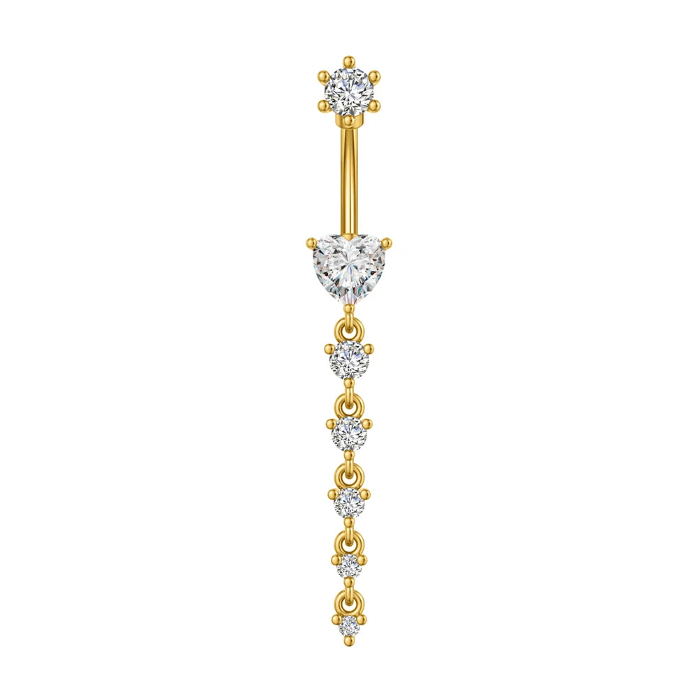 14G Surgical Steel Belly Button Ring – 7 Heart Crystal Long Dangle Navel Piercing Jewelry for Women