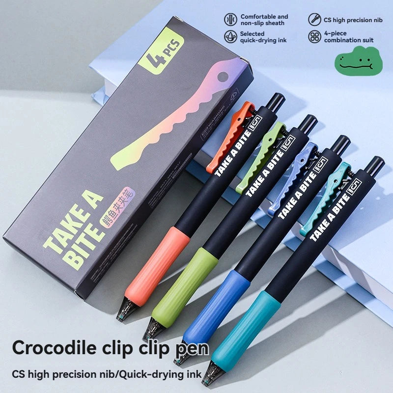 4-Piece Crocodile Clip Gel Pen Set - 0.5mm Black Ink Quick-Dry Smooth Writing Pens