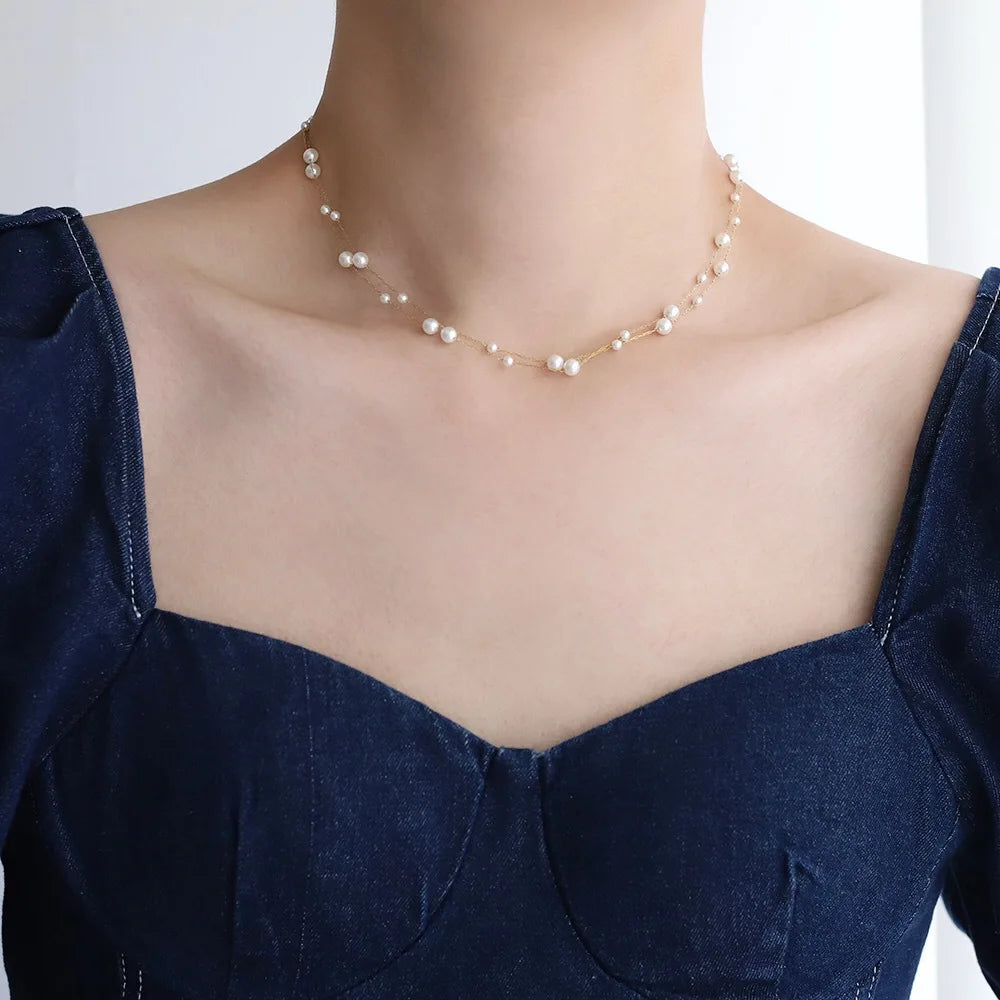 316L Stainless Steel Pearl Chain Necklace for Women, Waterproof Metal Collar Jewelry, Elegant Temperament Gift Bijoux
