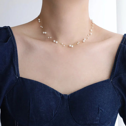 316L Stainless Steel Pearl Chain Necklace for Women, Waterproof Metal Collar Jewelry, Elegant Temperament Gift Bijoux