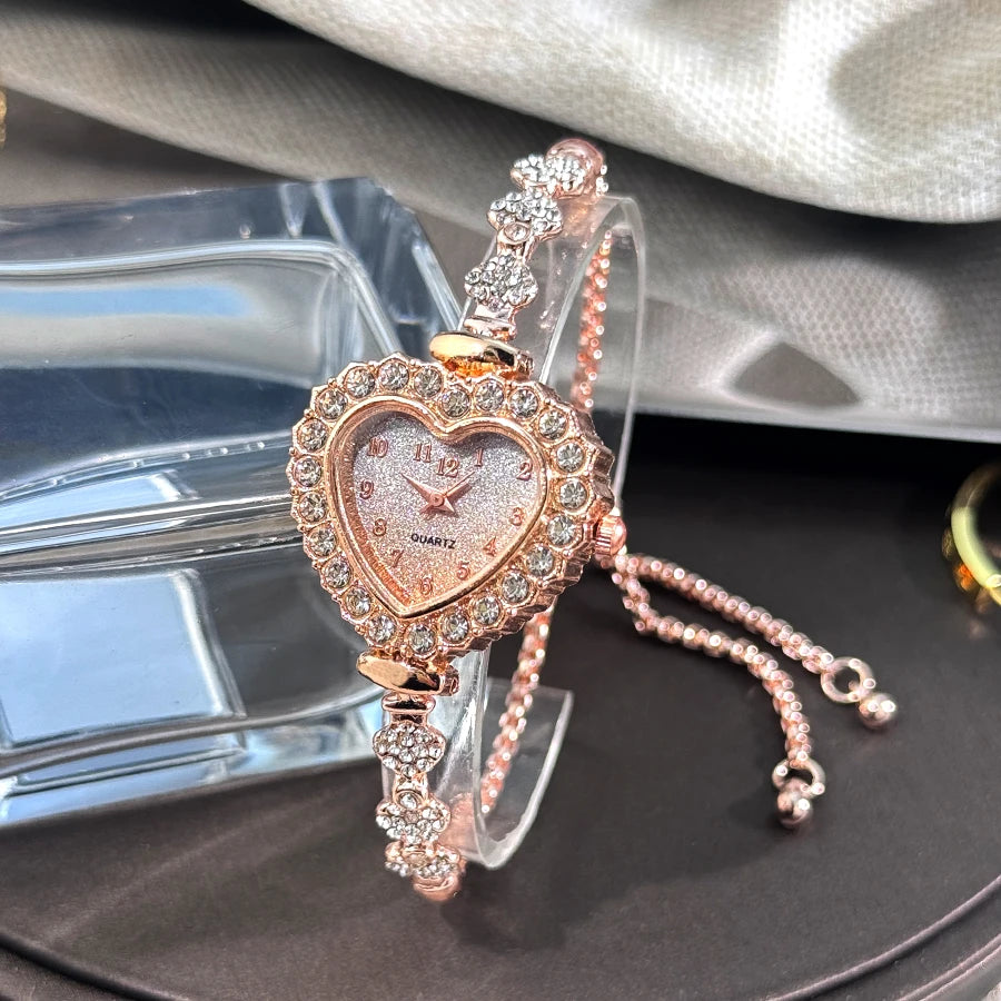 Women's Heart Ribbon Diamond Flower Watch - Fashion Adjustable Bracelet Wristwatch with Elegant Design
