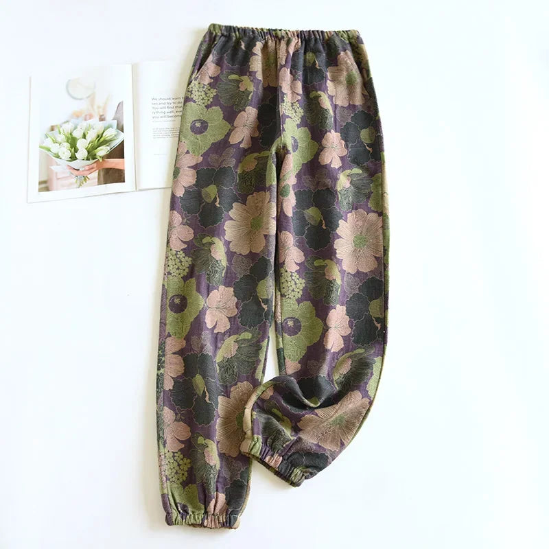 2025 Spring Summer Women's Pajama Pants – 100% Cotton Crepe Loose Fit Leaf Print Home Wear Bottoms