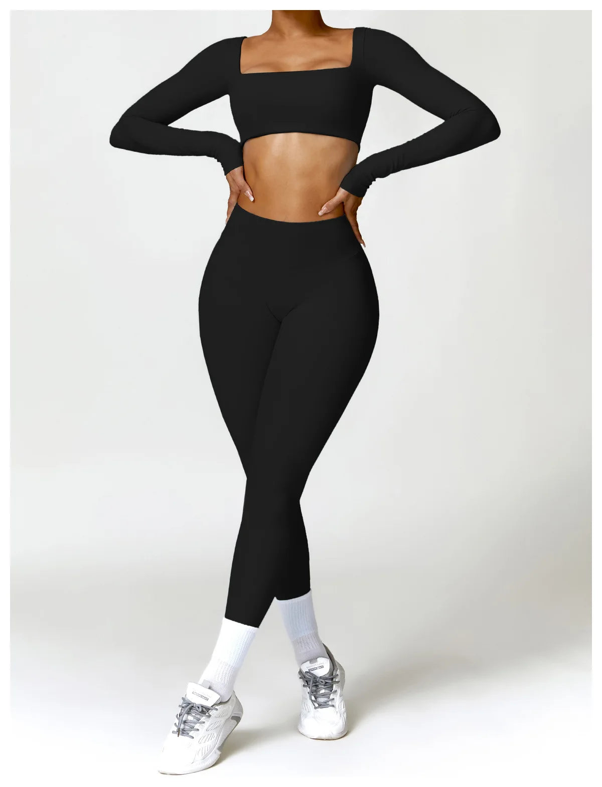 Hearuisavy 2PCS Long Sleeve Gym Set for Women, Quick-Drying Yoga Clothes, Sportswear, Running Leggings, Workout Sports Crop Top