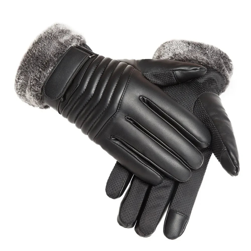 Men's Winter Fur Lined Gloves - Warm Insulated PU Touch Screen Gloves for Cycling, Motorcycle and Outdoor Use