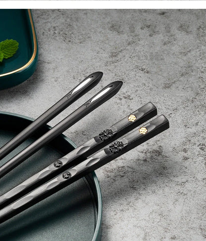 5 Pairs Japanese Reusable Chopsticks – Black Sushi Sticks for Food, Noodles, Alloy Chinese & Korean Kitchen Tableware