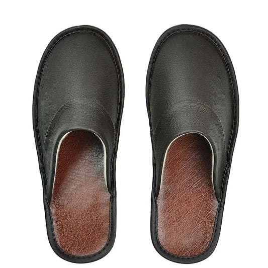 Men’s PU Leather House Slippers - Waterproof Soft Indoor Bedroom Shoes with Comfort Flat Sole