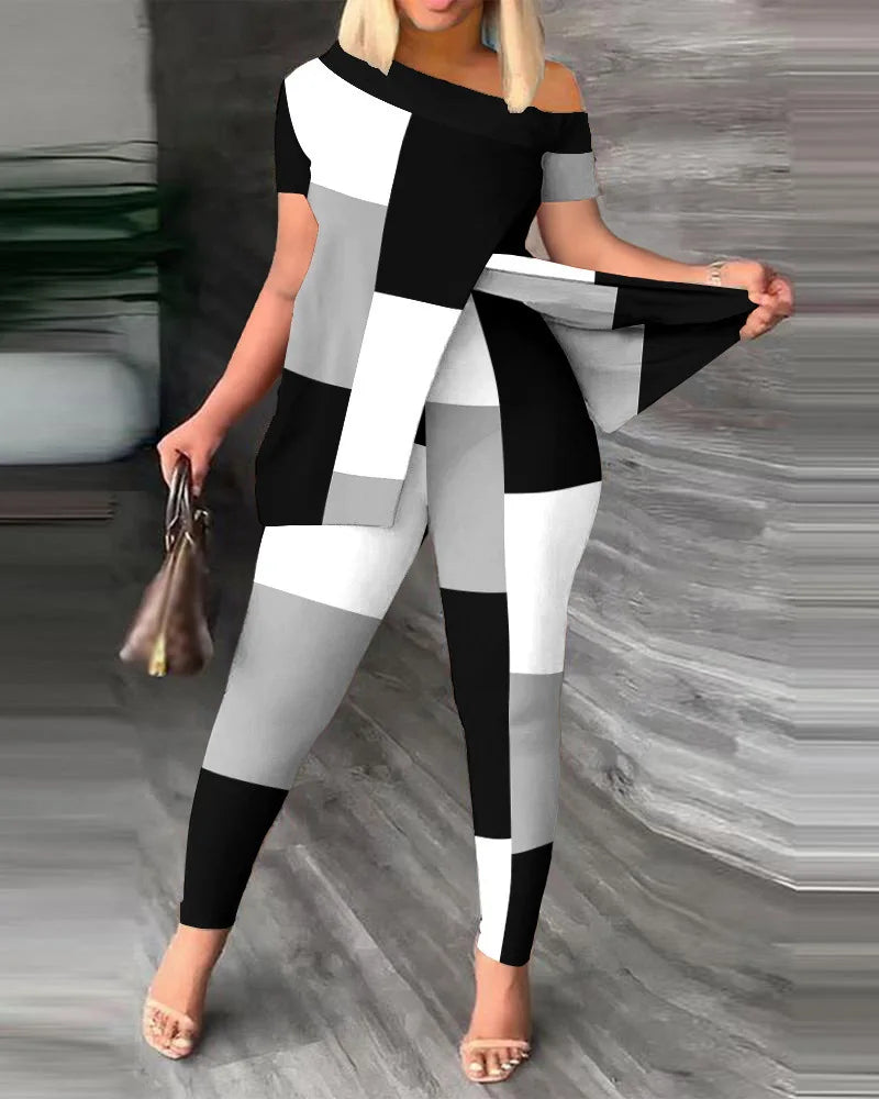 Elegant Women’s Two-Piece Set – Printed Ruffle Sleeve Top & Solid Color Pants with Belt