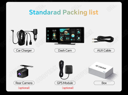 OBDPEAK K2 2.0 Dash Cam – 10.26" 4K Car DVR with CarPlay & Android Auto, GPS Navigation, Rearview Mirror Video Recorder
