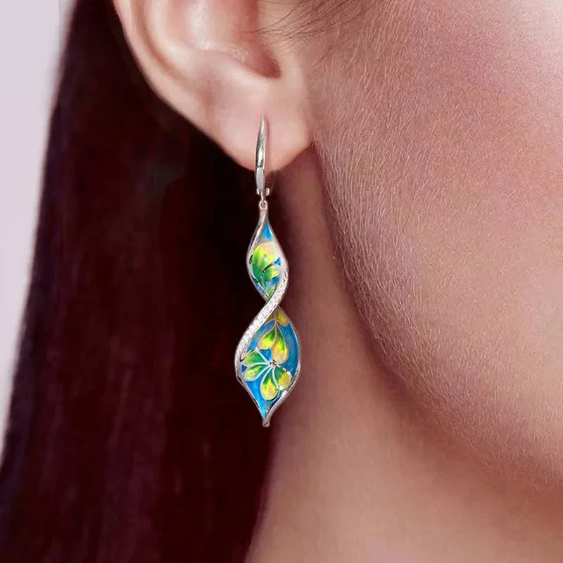 Spiral Leaf Enamel Pendant Earrings - Elegant Flower Pattern Long Dangle Fashion Jewelry Gift