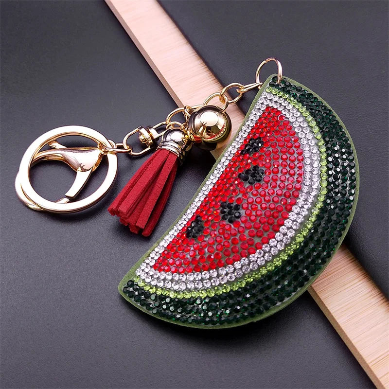 Kawaii Watermelon Crystal Keychain – Gold Alloy Leather Fruit Keyring for Women & Men, Bag & Car Accessory