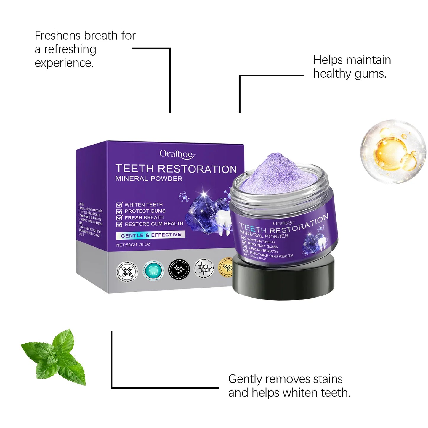 Purple Teeth Whitening Mineral Powder – Teeth Restoration, Stain Removal & Fresh Breath Oral Cleanser
