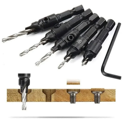 5PCS Woodworking Countersink Drill Bit Set – One-Piece Hex Handle Twist Drill with Chamfering Tool