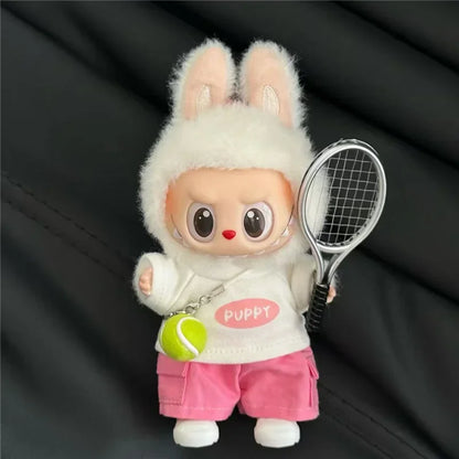 Labubu 15-17cm Doll Sports Outfit – LA Baseball & Trendy Tennis/Badminton Clothing, T-Shirt & Cargo Pants Set
