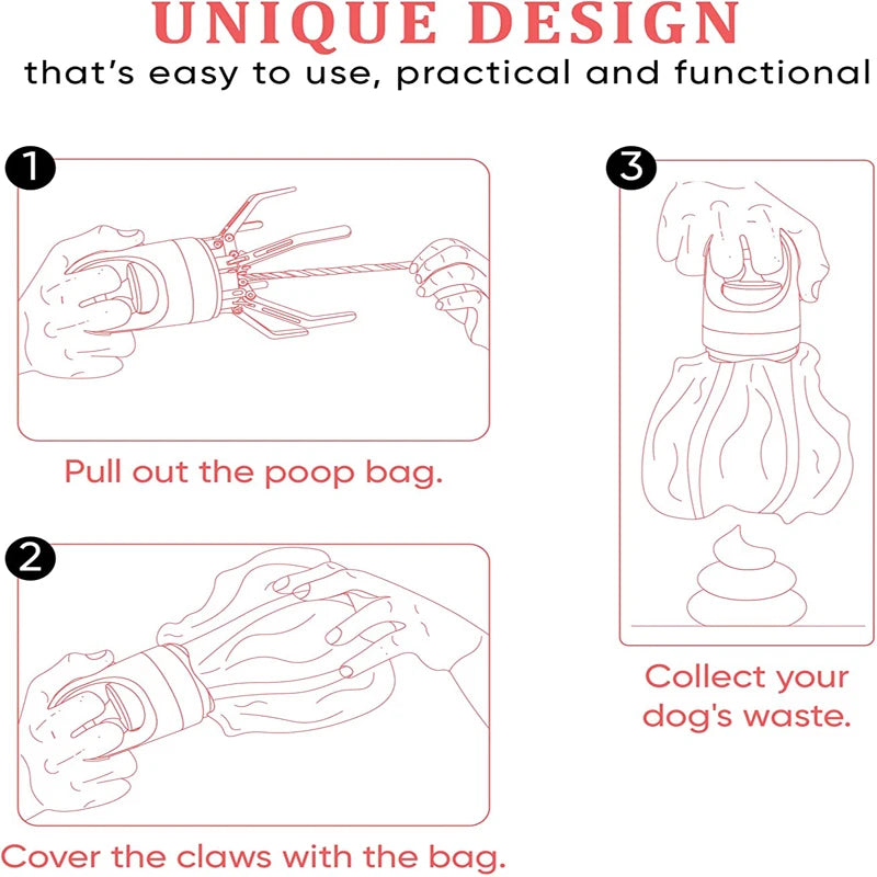 Portable Poop Scooper with Built-In Bag Dispenser - Lightweight Claw Waste Picker for Dogs - Pet Cleaner Tool