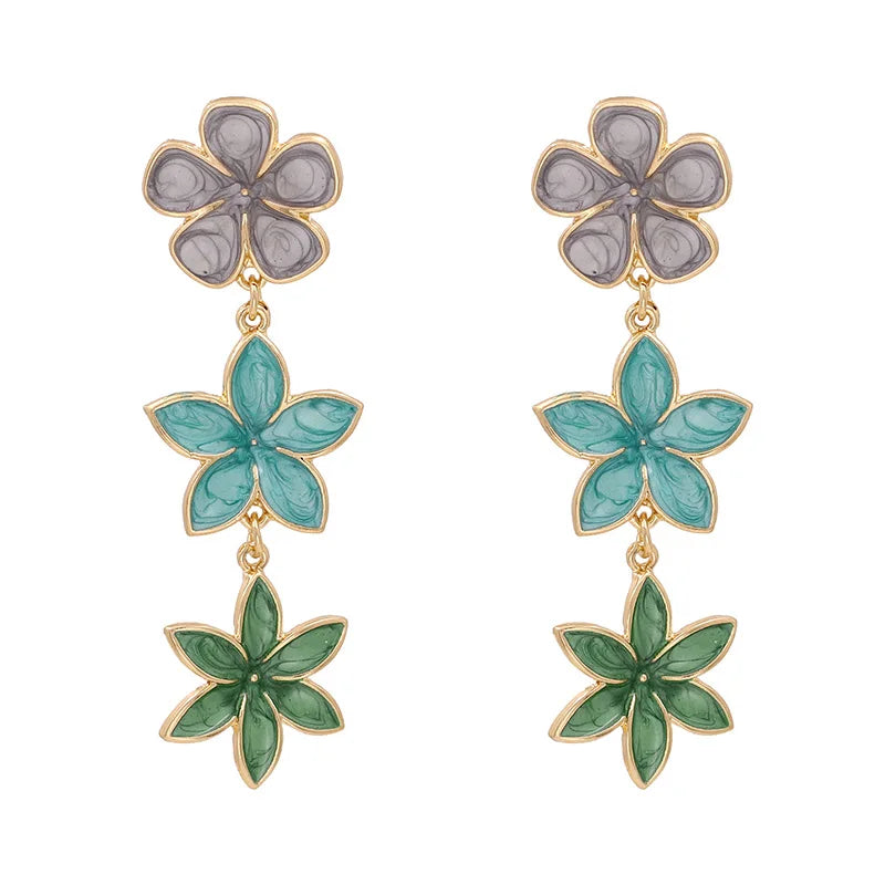 Long Flower Enamel Drop Earrings - Colorful Metal Petal Dangle Party Jewelry for Women