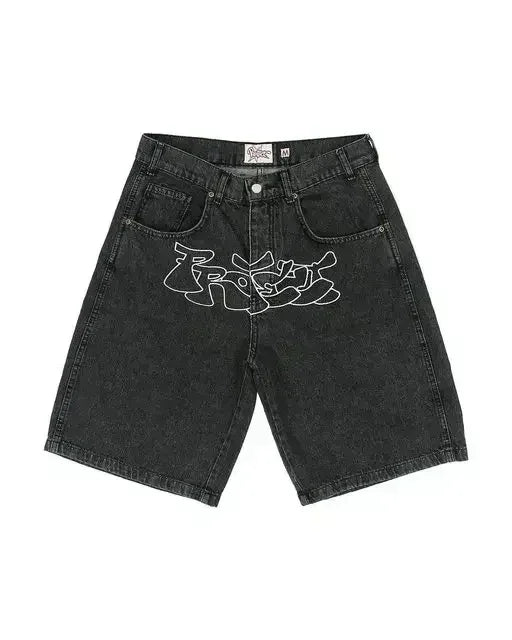 Streetwear Vintage Rhinestone Denim Shorts – Y2K Washed Baggy Casual Over-the-Knee Shorts for Men & Women