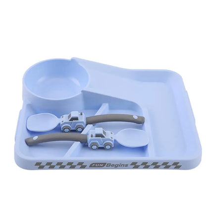 Kids Cartoon Racing Dinner Set - Baby Self Feeding Fork Spoon Plate & Divided Non-Slip Bowl Set
