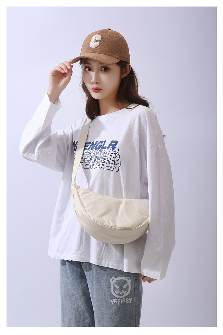 Solid Color Women's Portable Shoulder Bag – Simple Nylon Cloth Padded Crossbody Travel Purse & Messenger Bag