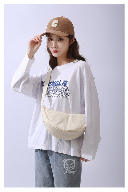 Solid Color Women's Portable Shoulder Bag – Simple Nylon Cloth Padded Crossbody Travel Purse & Messenger Bag