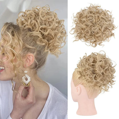 Synthetic Messy Curly Hair Bun – Short Loose Wave Updo Ponytail, Blonde Chignon Hairpiece, Heat-Resistant Extensions for Women