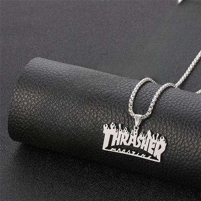 Trendy Hip-Hop Stainless Steel Letter & Flame Pendant Necklace | Street Style Rock Jewelry for Men & Women