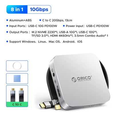 ORICO 10Gbps M.2 2230 NVMe SSD Enclosure – USB-C 4K60Hz Dock with SD/TF Reader & 100W PD Charging Station for iPhone