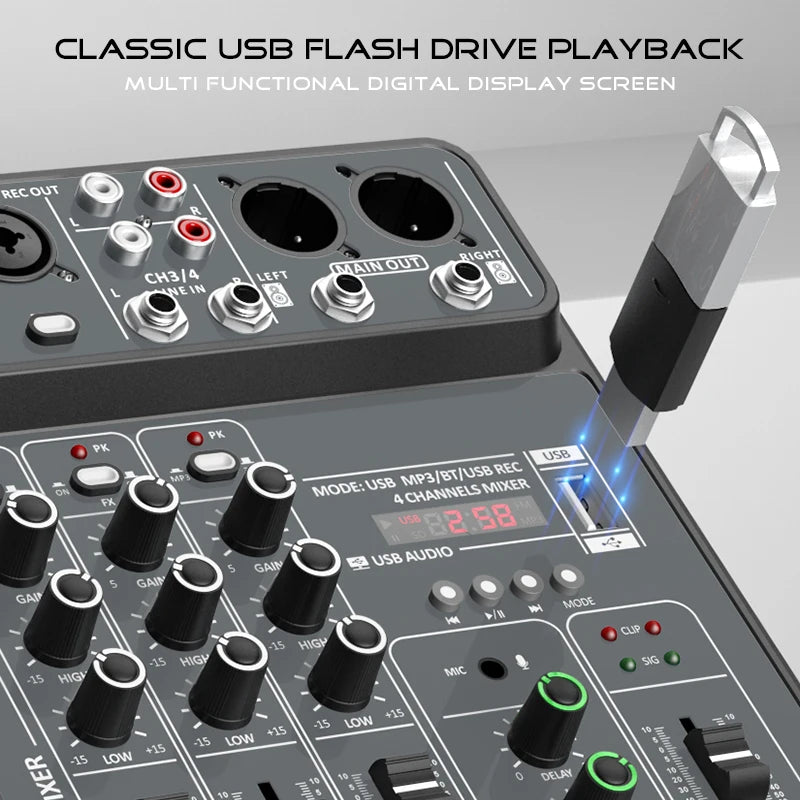 4-Channel Audio Mixer — USB Studio Mixer with 48V Phantom Power & Bluetooth for DJ & Karaoke