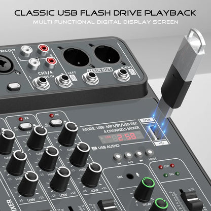 4-Channel Audio Mixer - USB Studio Sound Mixing Console with Bluetooth, 48V Phantom Power & DJ Karaoke Support