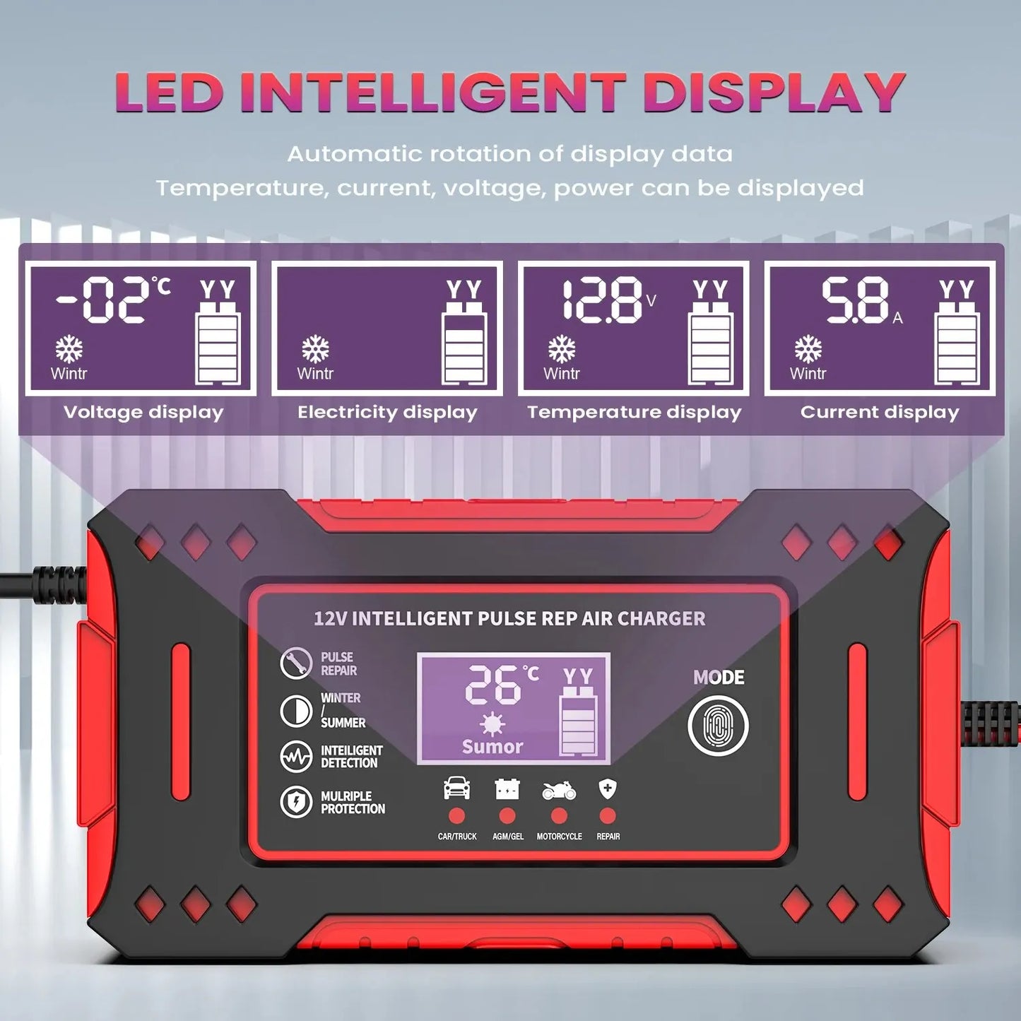 6A 12V Intelligent Car Battery Charger - Lead-Acid Charging Unit for Car and Motorcycle, LCD Display, Battery Repair