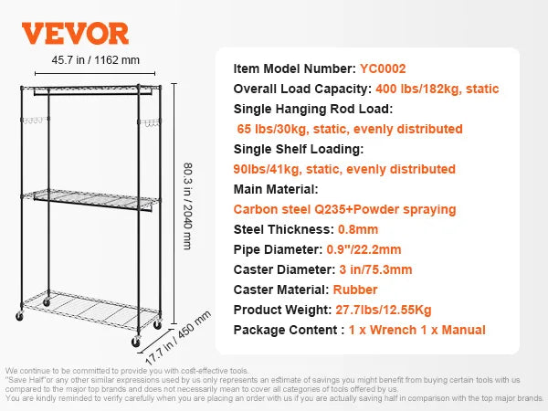VEVOR Heavy Duty Garment Rack – Adjustable Length Clothes Rack with Bottom Shelf & Wheels for Laundry Room