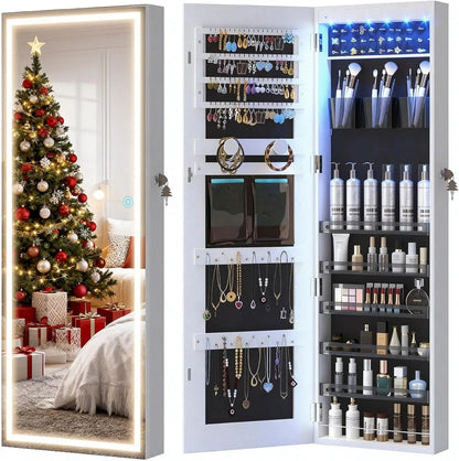 LED Door Hanging Mirror Cabinet – Wall-Mounted Full-Length Lighted Jewelry Organizer with Storage