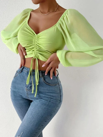 Woman’s Lace-Up V-Neck Tops: Sexy Close-Fitting Puff Sleeve Fashion - Solid Color Simple Long Sleeve for Hot Summer and Spring