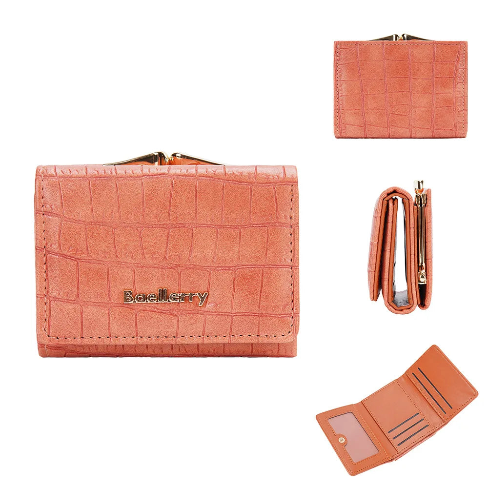 Baellerry Short Women’s Wallet — Crocodile Pattern Coin & Card Holder with Photo Slots, Hasp Purse for Girls