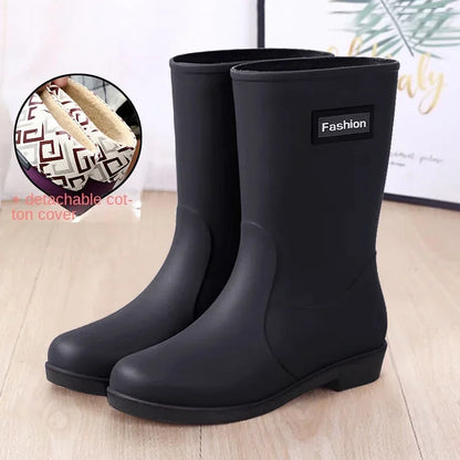 Women’s Four-Season Waterproof Rain Boots – Mid-Tube Non-Slip Rubber Shoes with Cotton Lining for Outdoor Fashion