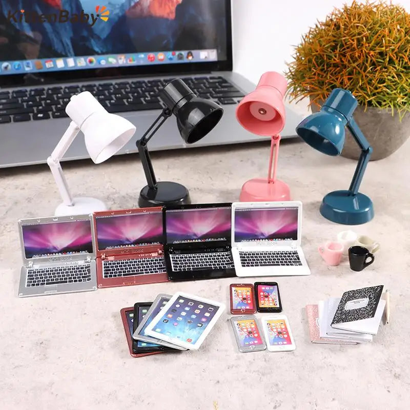 6–7PCS 1:12 Dollhouse Miniature Study Desk Set — Laptop, Phone, Tablet, Lamp & Books Scene Decor